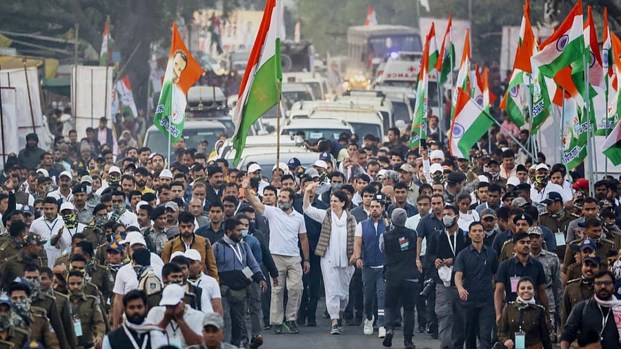 Congress leader Rahul Gandhi with his sister and the party’s general secretary Priyanka Gandhi Vadra, her husband Robert Vadra and other leaders during the Bharat Jodo Yatra in Khandwa, Madhya Pradesh, Thursday, Nov. 24, 2022. Credit: PTI Photo