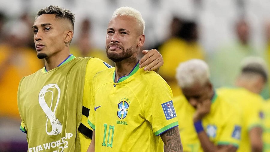 Brazil's Neymar cries at the end of the World Cup quarterfinal soccer match between Croatia and Brazil. Credit: AP Photo