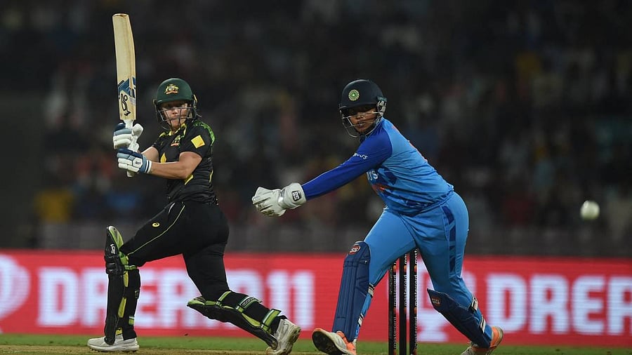 Australia's Alyssa Healy plays a shot during the first women’s Twenty20 international cricket match between India and Australia. Credit: AFP File Photo