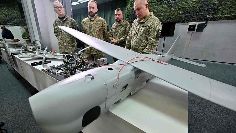Ukrainian military experts show to representatives of diplomatic missions in Ukraine downed drones that Russia allegedly uses for striking critical infrastructure and other targets in Ukraine. Credit: AFP Photo