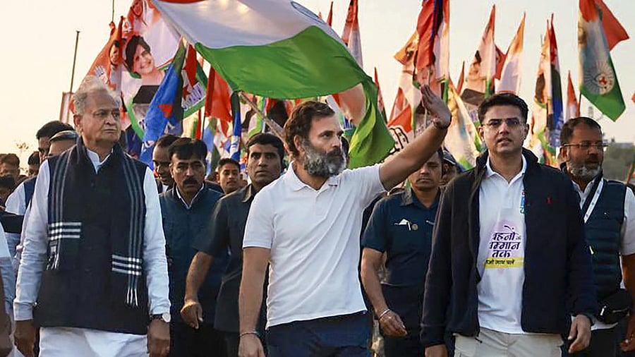 Congress leader Rahul Gandhi with Rajasthan CM Ashok Gehlot and party leader Sachin Pilot. Credit: PTI Photo