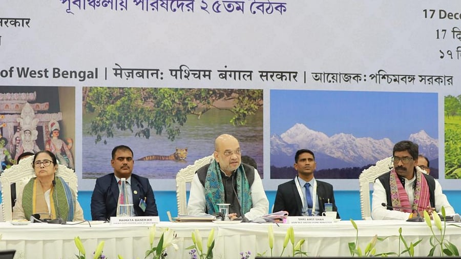 Union Minister Amit Shah presides over the 25th Eastern Zonal Council meeting, in Kolkata. Credit: PTI Photo