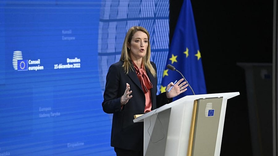 European Parliament President Roberta Metsola attends a press conference during European Council Summit in Brussels. Credit: AFP Photo