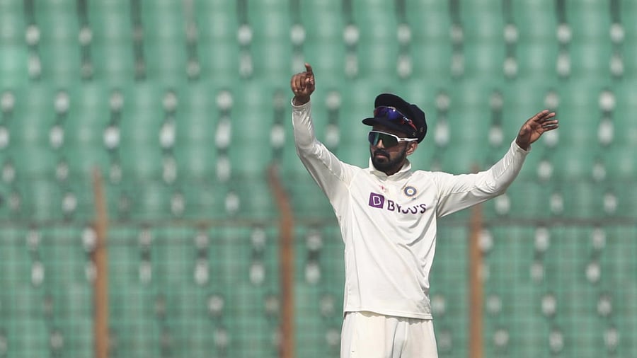 India's Captain K.L. Rahul sets fileding during the day four of the first Test cricket match between Bangladesh and India in Chattogram, Bangladesh, Saturday, Dec. 17, 2022. Credit: AP/PTI Photo
