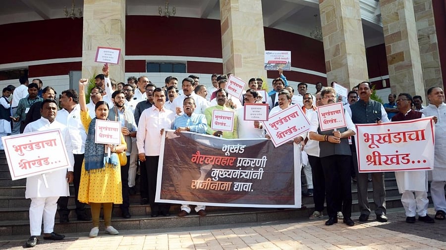 Shiv Sena (Uddhav Thackeray), Congress and NCP MLAs take part in a demonstration against Maharashtra Government outside the Vidhan Bhawan during the winter session of Maharashtra, in Nagpur. Credit: IANS Photo