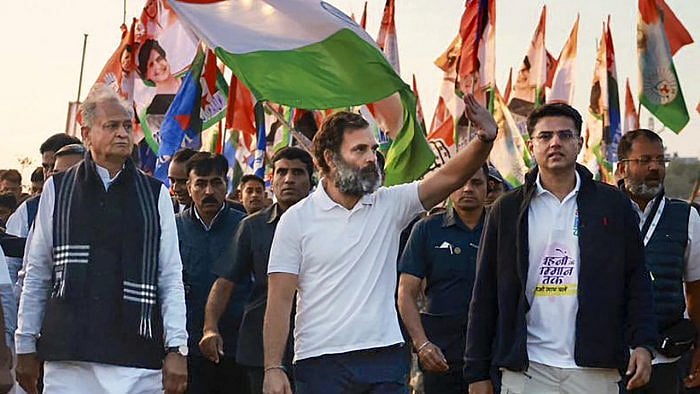 Congress leader Rahul Gandhi with Rajasthan CM Ashok Gehlot and party leader Sachin Pilot. Credit: PTI Photo
