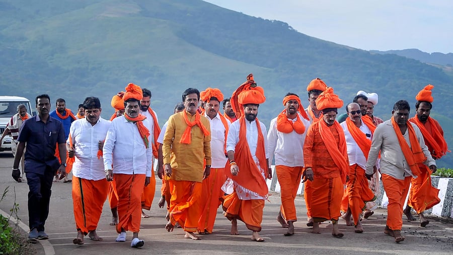 BJP National General Secretary C.T. Ravi takes out a 'padyatra' as part of 'Dattajayanti' celebrations at Baba Budangiri cave shrine, in Chikkamagaluru district, Thursday, Dec. 8, 2022. Credit: PTI Photo
