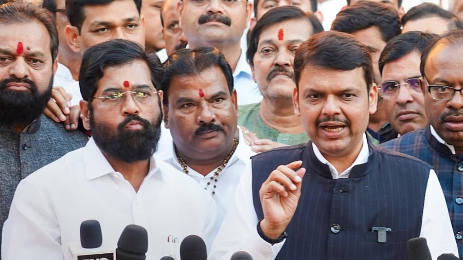 Maharashtra Chief Minister Eknath Shinde with Deputy Chief Minister Devendra Fadnavis. Credit: PTI Photo