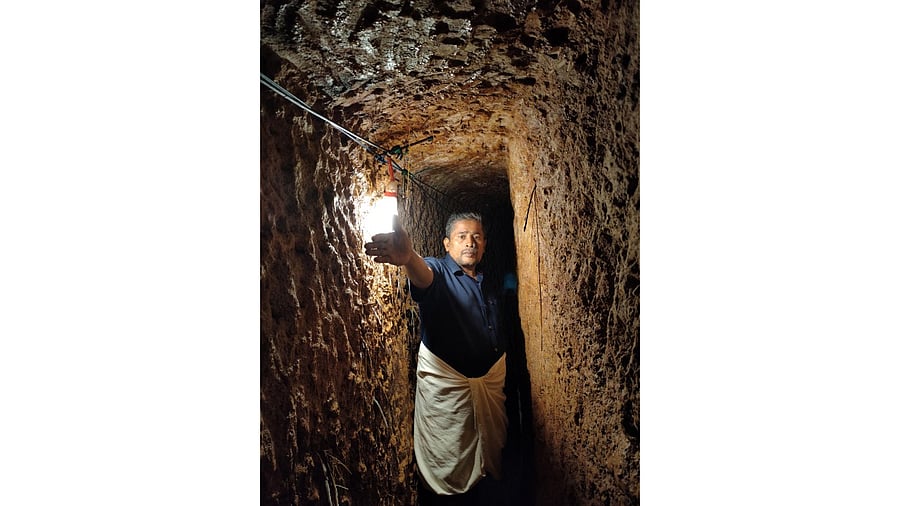 Jayakrishnan inside the suranga at his farm in Parappa. Credit: Special arrangement