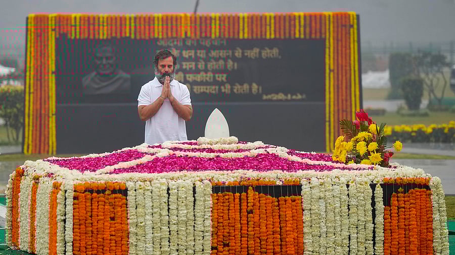 Congress leader Rahul Gandhi pays tribute to former prime minister Atal Bihari Vajpayee at his memorial Sadaiv Atal, in New Delhi, Monday, Dec. 26, 2022. Credit: PTI Photo