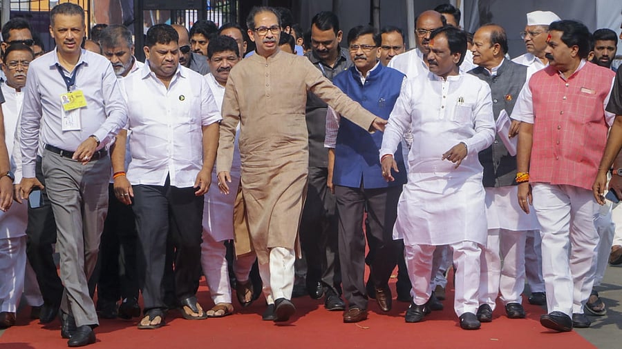 Former Maharashtra chief minister Uddhav Thackeray with Rajya Sabha MP Sanjay Raut at the Winter Session of Maharashtra Assembly. Credit: PTI Photo