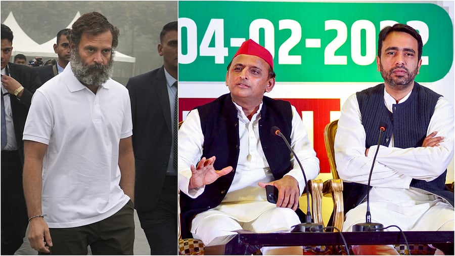 Congress leader Rahul Gandhi (L), SP National President Akhilesh Yadav and RLD's Jayant Chaudhary. Credit: PTI Photo
