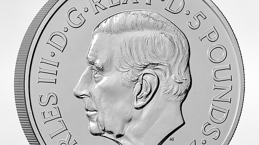 King Charles III's commemorative GBP 5 coin released by the UK's Royal Mint in London. Credit: PTI Photo