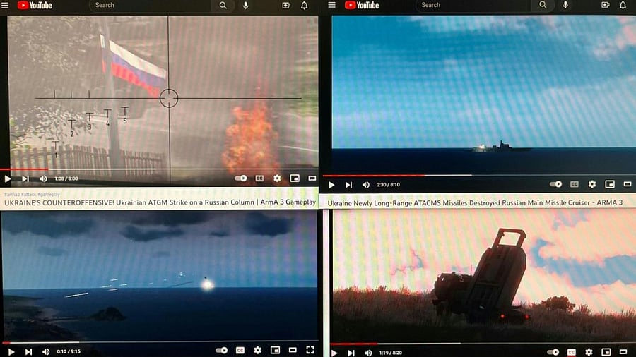 Illustration generated in an office in Washington, DC on December 28, 2022, shows a computer screen with four YouTube windows displaying combat clips from Arma 3's war-themed video games. Credit: AFP Photo