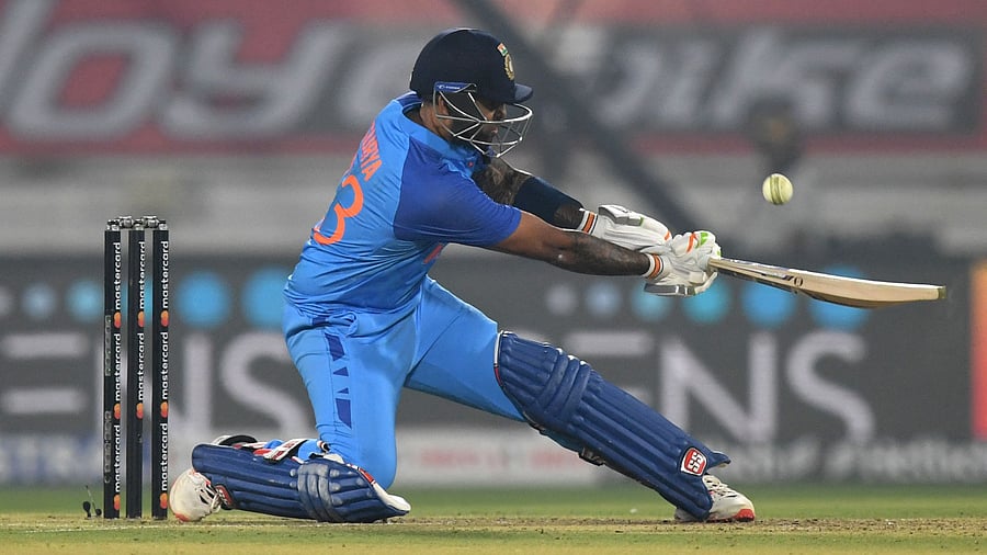 Suryakumar Yadav plays a shot during the third Twenty20 international cricket match between India and Sri Lanka at the Saurashtra Cricket Association Stadium in Rajkot on January 7, 2023. Credit: AFP Photo