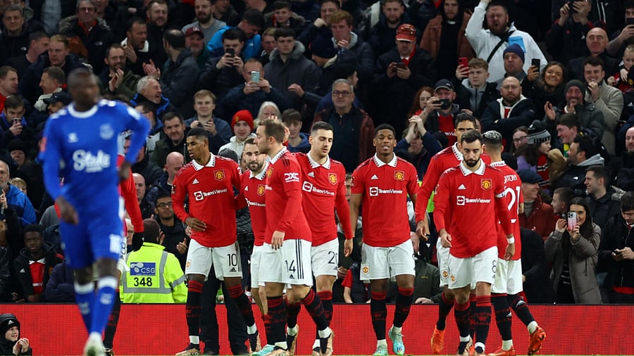 Manchester United players in the Everton game. United is one of the clubs being considered for a takeover. Credit: Reuters Photo