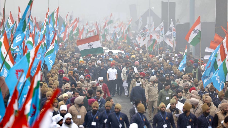 Congress leader Rahul Gandhi walks with supporters during the party's 'Bharat Jodo Yatra', in Fatehgarh Sahib. Credit: PTI Photo