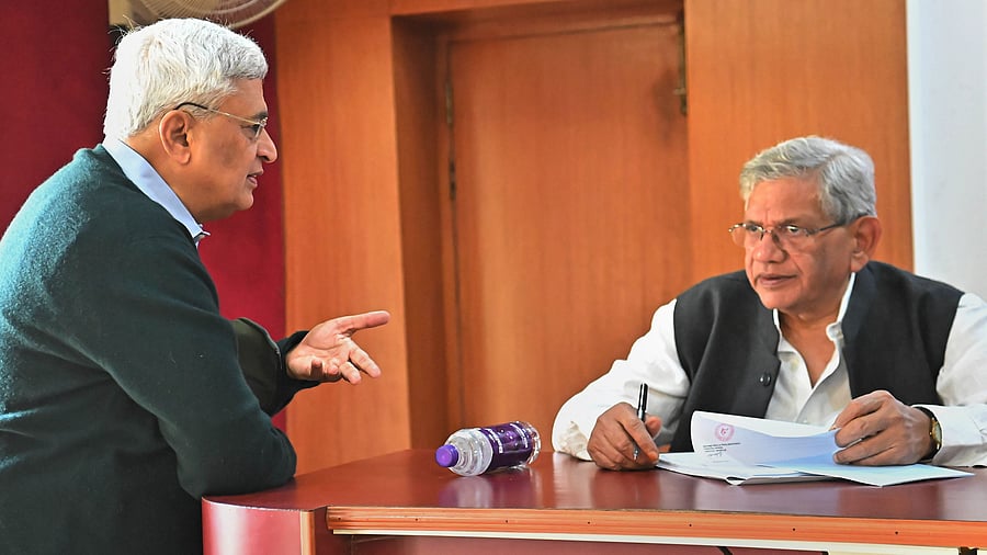 CPI(M) General Secretary Sitaram Yechury and senior party leader Prakash Karat during a meeting to decide candidates for upcoming Assembly elections, Agartala. Credit: PTI Photo