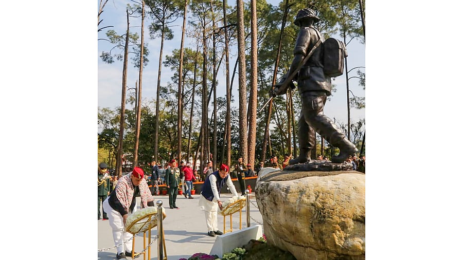 Defence Minister Rajnath Singh with CM Pushkar Singh Dhami pays tribute at Shaurya Sthal on the occasion of the 7th Armed Forces Veterans’ Day, in Dehradun, Saturday. Credit: PTI Photo
