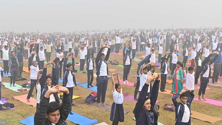 The event had the same Yoga protocol followed for international yoga day and they performed simple yoga exercise. Credit: DH Photo