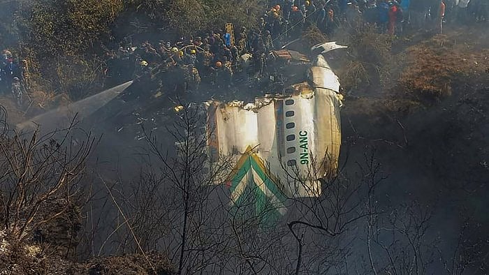 An ATR 72 aircraft of Yeti Airlines with a call sign 9N-ANC that took off to Pokhara from Kathmandu at 10:32 am crashed at Nayagaun of the city this morning. Credit: PTI Photo