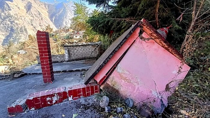 A temple collapses after the gradual 'sinking' of Joshimath in Chamoli district of Uttarakhand, in Joshimath. Credit: PTI Photo