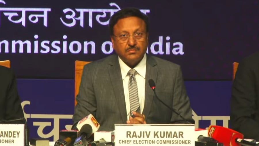 Chief election commissioner Rajiv Kumar. Credit: ECI Press Conference video screengrab