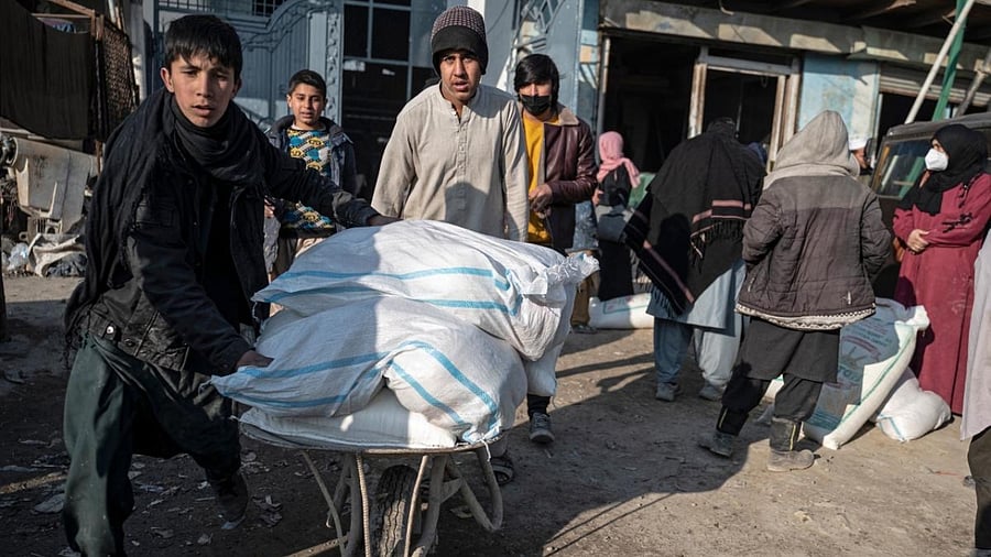 Afghan labourers push a wheelbarrow loaded with food aid. Representative Image. Credit: AFP Photo