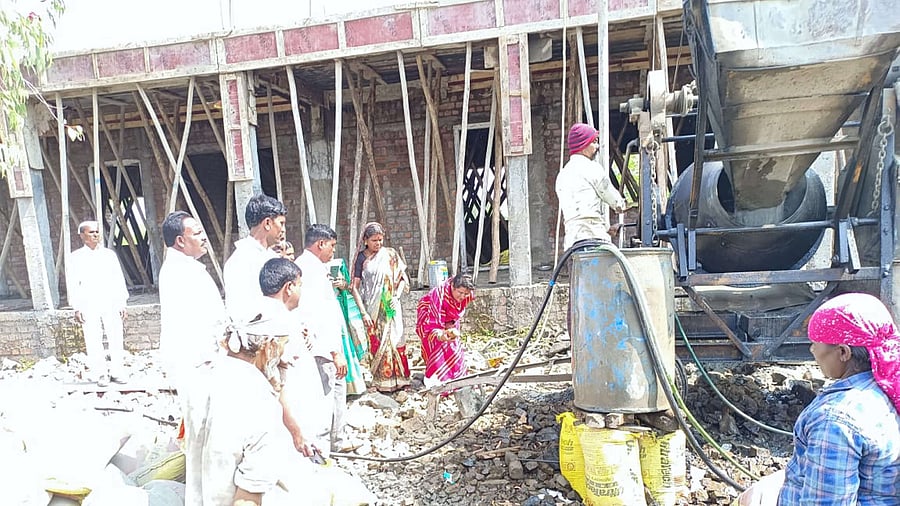 A school being constructed at Pokhari village in Beed district. The villagers contributed fund for the building of the school. Credit: PTI Photo