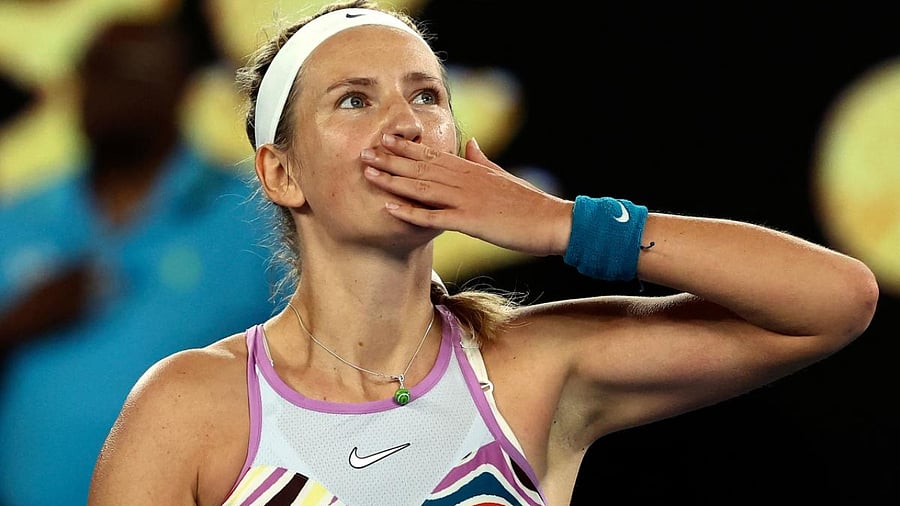 Belarus' Victoria Azarenka celebrates victory against Jessica Pegula of the US during their women's singles quarter-final match on day nine of the Australian Open. Credit: AFP Photo