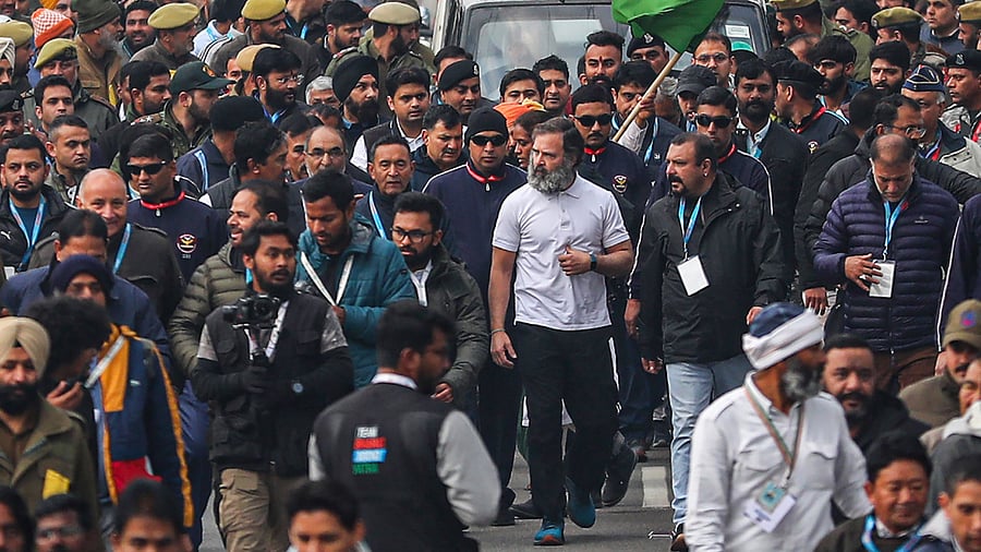 Congress leader Rahul Gandhi during the party's 'Bharat Jodo Yatra', at Nagrota in Jammu district. Credit: PTI Photo