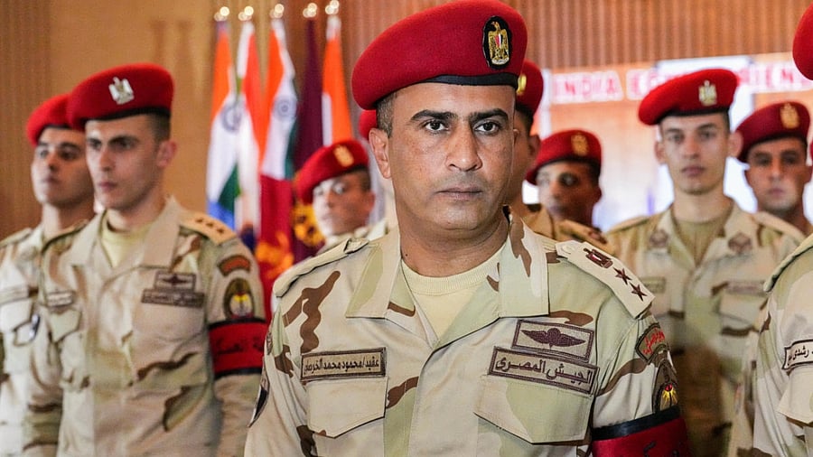 Colonel Mahmoud Mohamed Abdel Fattah El Kharasawy (C), who will lead an Egyptian military contingent having 144 soldiers, during the 74th Republic Day Parade. Credit: PTI Photo