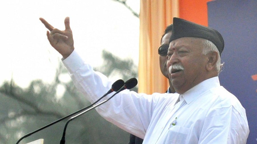Rashtriya Swayamsevak Sangh (RSS) chief Mohan Bhagwat addressing the volunteers during a programme on the occasion of the 126th birth anniversary of Netaji Subhas Chandra Bose at Shaheed Minar, in Kolkata on Monday, Jan 23, 2023. Credit: IANS Photo