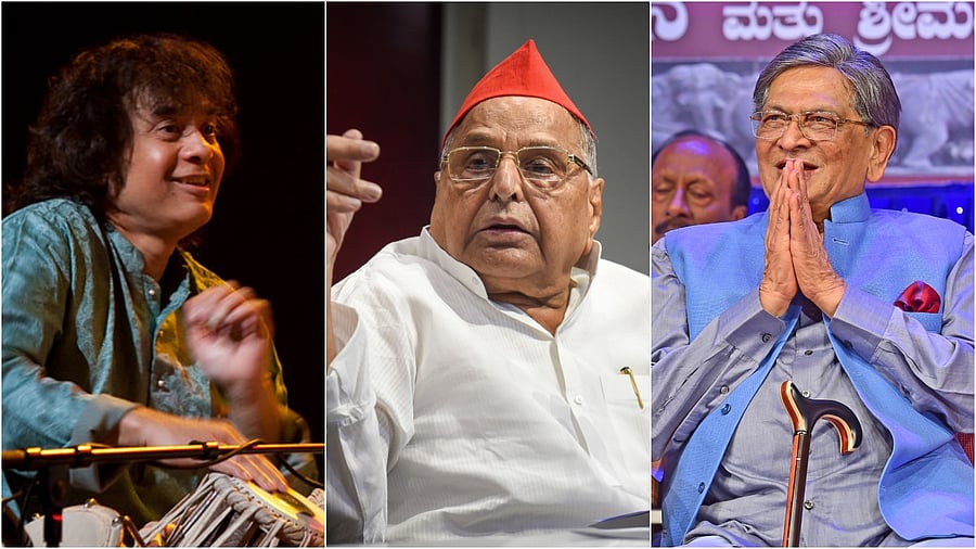 Tabla maestro Zakir Hussain, Samajwadi Party patriarch Mulayam Singh Yadav, Former Karnataka Chief Minister SM Krishna. Credit: Wikimedia, PTI, DH Photos