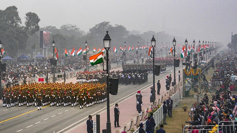 An aerial view of the Republic Day parade held in New Delhi. Credit: PTI Photo