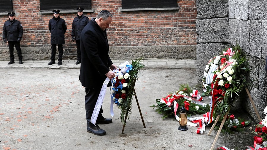 The second gentleman of US Douglas Emhoff takes part in the 78th anniversary of liberation of Nazi German Auschwitz-Birkenau death camp in Oswiecim, Poland. Credit: Jakub Porzycki/Agencja Wyborcza.pl via Reuters