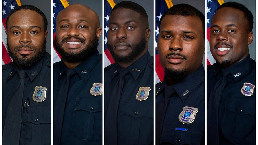 Former Memphis, Tennessee, police officers (L-R) Demetrius Haley, Desmond Mills, Emmitt Martin, Tadarrius Bean, and Justin Smith. Credit: AFP Photo