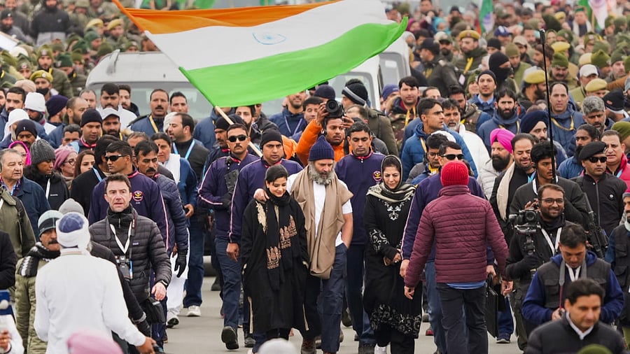 The yatra resumed from Awantipora in Pulwama district in south Kashmir this morning. Credit: PTI Photo
