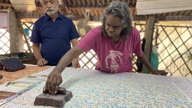 Together, they created textiles with organic dyes and handcrafted woodblocks. Credit: Special Arrangment
