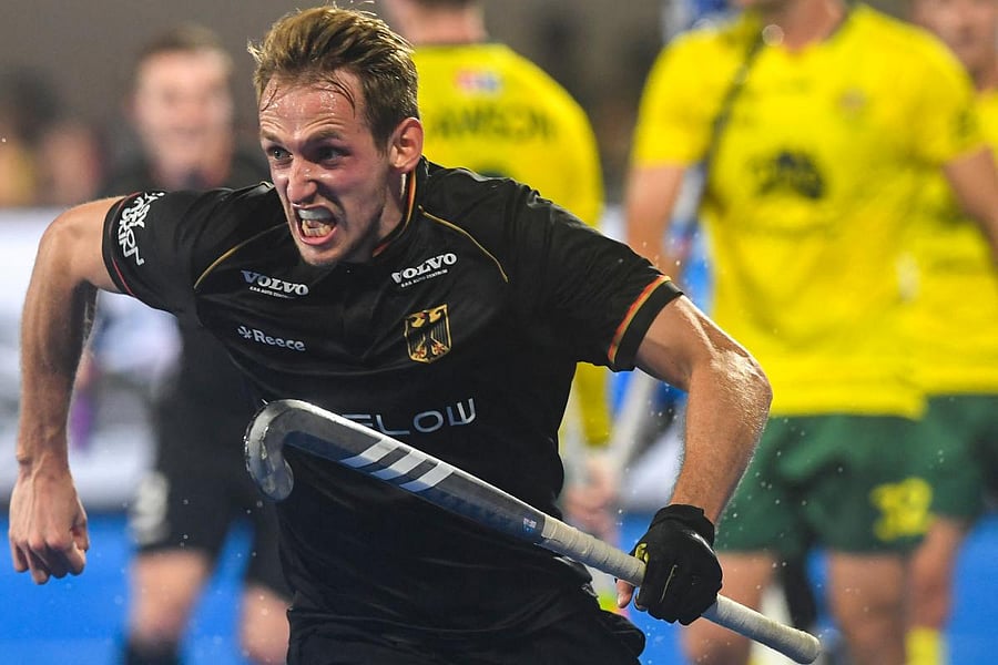 Germany's Niklas Wellen celebrates after scoring the winning goal during the men's semi-final match between Australia and Germany. Credit: AFP Photo