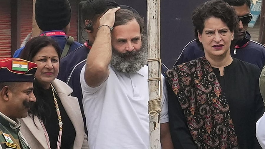 Congress leader Rahul Gandhi with sister Priyanka Gandhi Vadra and others while unfurling the national flag at the historical Lal Chowk. credit: PT File Photo
