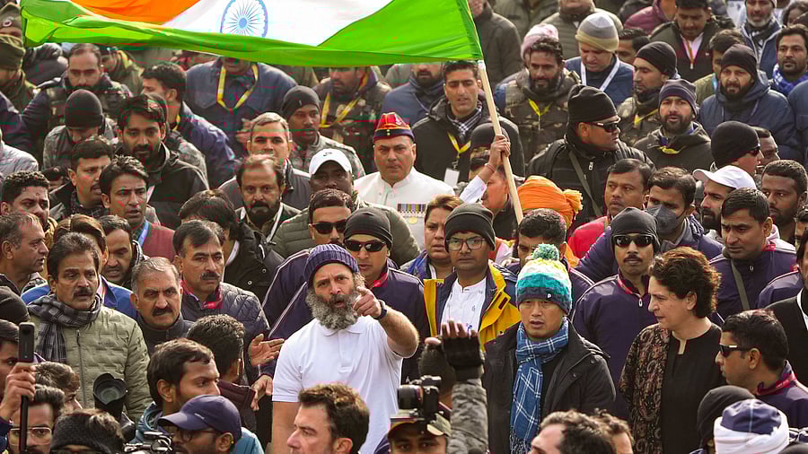Congress leader Rahul Gandhi with his sister Priyanka Gandhi Vadra and supporters during the Bharat Jodo Yatra. Credit: PTI Photo
