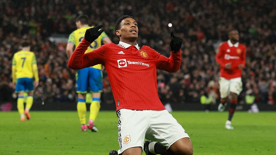 Manchester United's Anthony Martial celebrates scoring their first goal. Credit: Reuters Photo