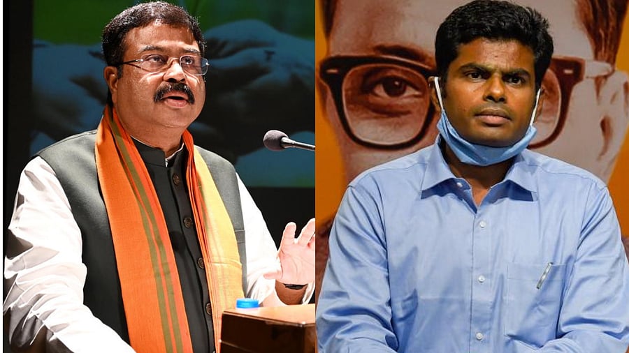 Dharmendra Pradhan and K Annamalai. Credit: PTI File Photos