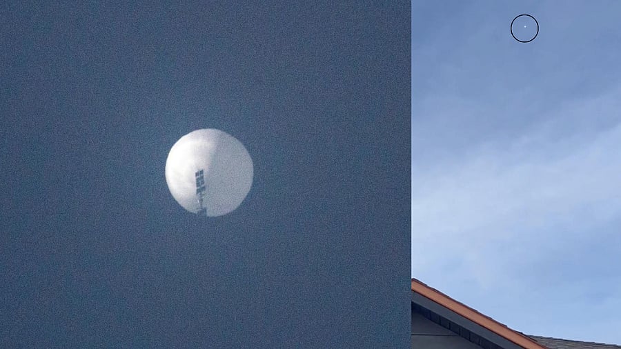 Photos of the first spy balloons spotted in US. Credit: AFP Photo and Leland Wells/Local news X/TMX/Handout via Reuters