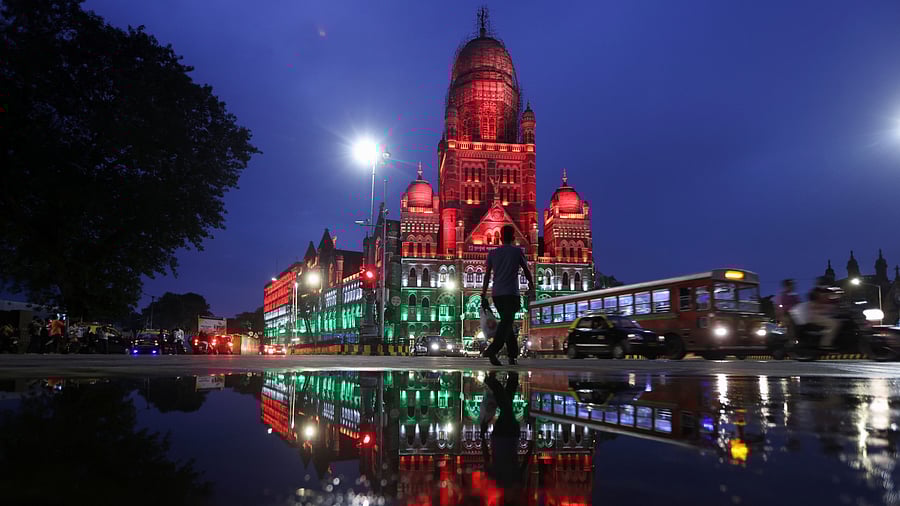 Brihanmumbai Municipal Corporation (BMC) building lit up in the colours of India's national flag on the eve of the 75th Independence Day in Mumbai. Credit: Reuters File Photo