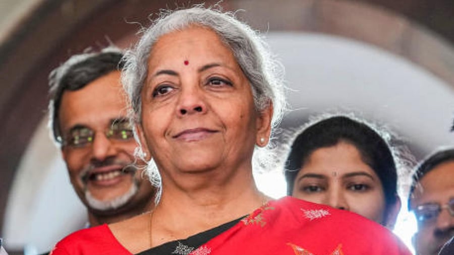 Finance Minister Nirmala Sitharaman shows a folder-case containing her Union Budget 2023-24 speech. Credit: PTI Photo