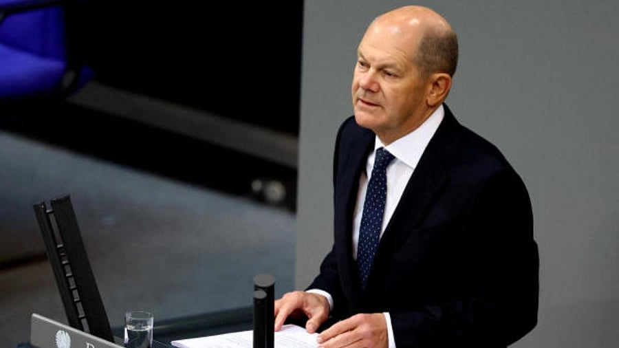 German Chancellor Olaf Scholz speaks at the lower house of parliament Bundestag, a day before attending an EU summit, in Berlin, Germany on February 8, 2023. Credit: Reuters Photo