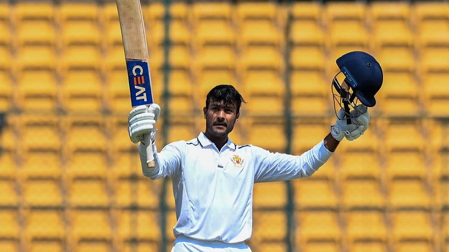 Karnataka's Mayank Agarwal celebrates his double century during the second day of the 2nd semi-final cricket match of Ranji Trophy between Karnataka and Saurashtra. Credit: DH Photo