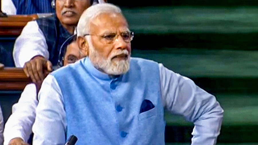 Prime Minister Narendra Modi replies to the Motion of Thanks on the President's address in the Lok Sabha during Budget Session of Parliament, in New Delhi, Wednesday, Feb. 8, 2023. Credit: PTI Photo